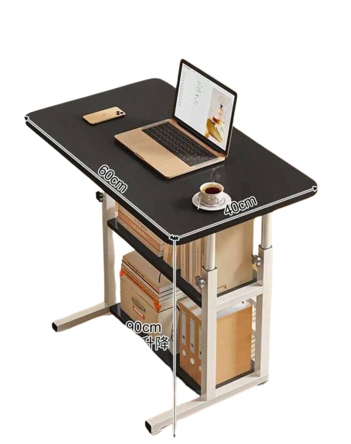 Escritorio con anaqueles, altura regulable y llantas, 3 anaqueles.