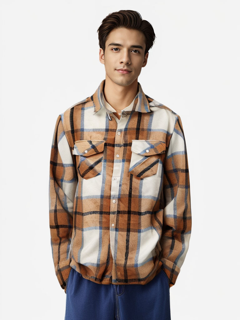 Camisa A Cuadros De Manga Larga Y Gruesa De Moda Masculina