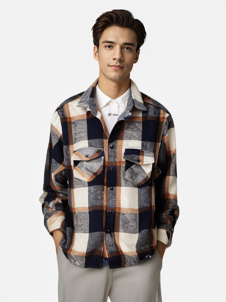Camisa A Cuadros De Manga Larga Y Gruesa De Moda Masculina